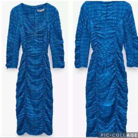 Zara Bright Blue Ruched  Bodycon Midi Dress  Bloggers Favorite Size L - Picture 10 of 12